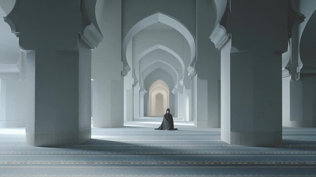 Islamic mosque interior prayer scene, spacious prayer hall, soft natural light through arches, minimal decoration, clean and peaceful atmosphere, editorial commercial style