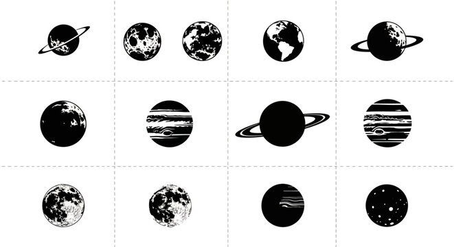 Vector black and white planets and moons icon set, solar system celestial bodies, space astronomy symbols isolated on white