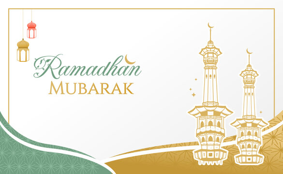 Ramadan Mubarak 2026 aesthetic pastel background with horizontal golden sage color mosque