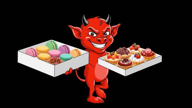 Cute but mischievous red devil cartoon mascot with horns greedily enjoying a massive spicy Mexican food taco or burrito on a colorful wooden table vector illustration