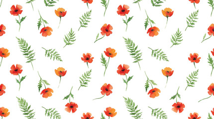 Fototapeta premium Fern leaf and poppy flower combination in pattern background
