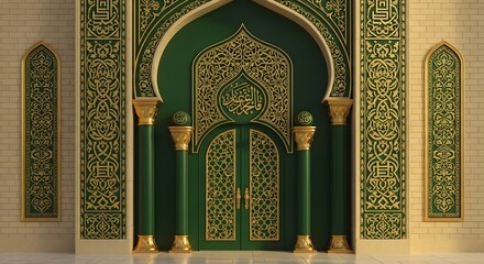 Intricately designed green and gold mosque door with ornate patterns