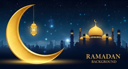 Ramadan background with crescent moon and mosque