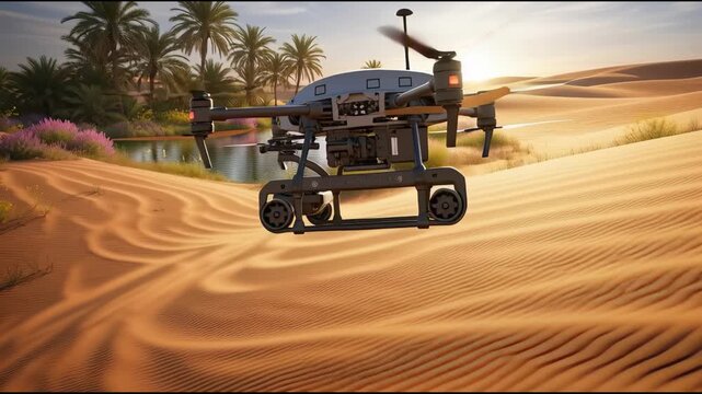 Desert drone exploration with sand dunes and oasis in daylight
