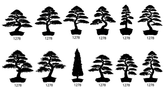 Black Silhouette Bonsai Tree Vector Set