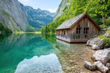 Obraz premium Scenic Lake With Wooden Boathouse Surrounded By Mountains And Forest In Obersee Bavaria Germany On A Sunny Day For Travel And Tourism
