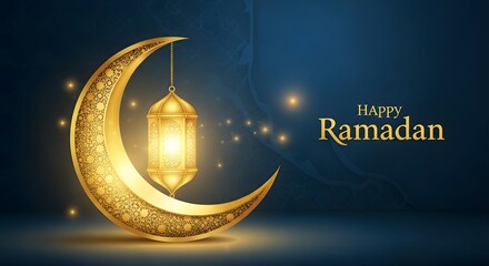 Ramadan mubarak greeting with crescent moon and lantern