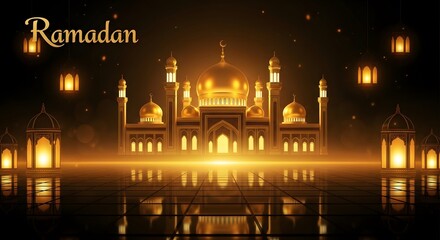 Ramadan nighttime scene with illuminated mosque and lanterns
