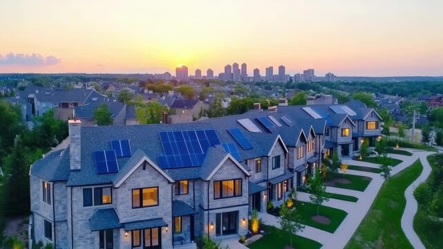Urban Oasis: Capturing the harmonious blend of modern living and natural beauty. This photograph showcases rows of upscale townhouses, each adorned with solar panels, nestled in a community setting.
