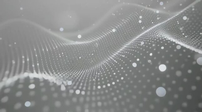 A futuristic digital wave pattern flows across a grey background.