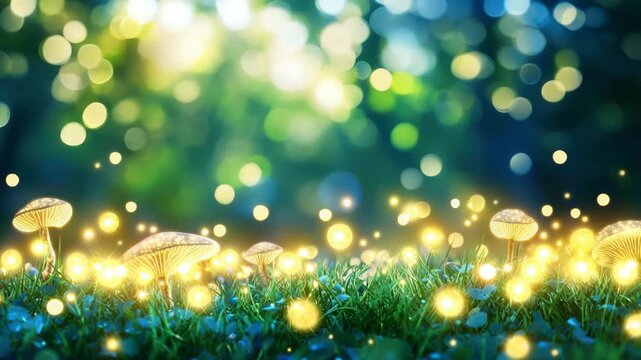 Magical Forest Lights: Enchanting scene of glowing lights amongst mushrooms in the forest, creating a whimsical and ethereal atmosphere.