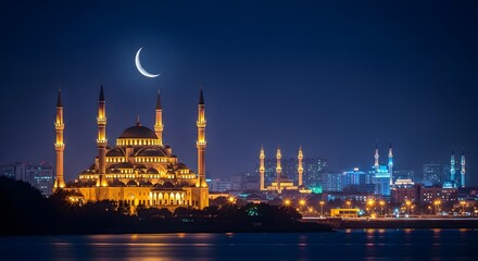 Mosque by the water under crescent moonlight