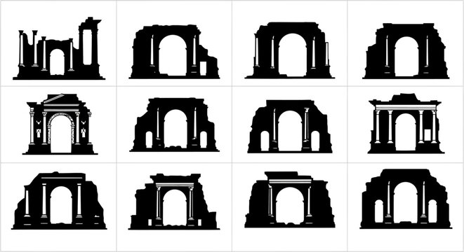 Black Silhouette Roman Arch Ruins Vector Set