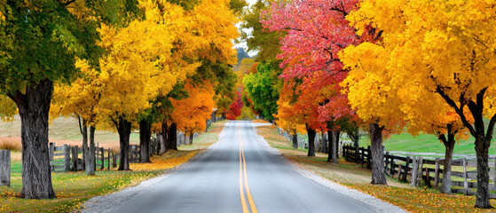 Obraz premium Scenic Autumn Road With Colorful Trees And Wooden Fence Along The Way Perfect For Travel And Nature Photography