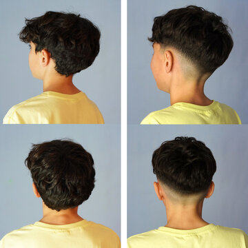 Square image of the BEFORE and AFTER of a fade haircut, of a teenage boy seen from behind