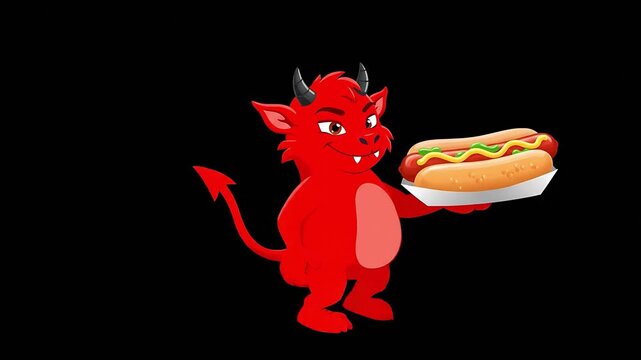 Adorable red devil character enjoying a refreshing layered strawberry chocolate milkshake drink against a bright green background perfect for chroma key cutout