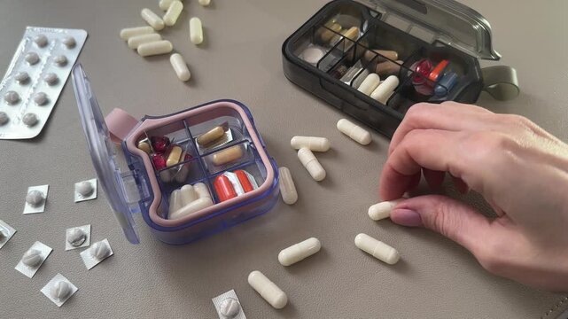 Close up of female hand placing pills into pink pill organizer on table