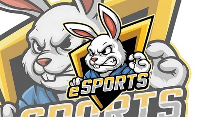 Obraz premium Fierce Cartoon Rabbit Mascot Logo – Modern eSports Bunny Emblem in Yellow & Black Aggressive White Bunny eSports Logo – Cool Cartoon Rabbit Team Mascot Vector Design