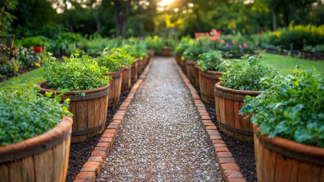 Tranquil garden walkway flanked by wooden containers overflowing with vibrant green growth during beautiful golden hour moment
