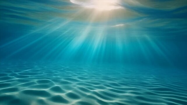 Underwater ocean waves ripple and flow with light rays, sunbeams piercing the clear blue water, creating a serene and tranquil aquatic scene with sandy seabed patterns