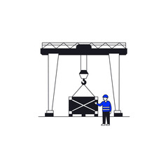 Playful hand drawn line art Crane lifting cargo crates Vector illustration