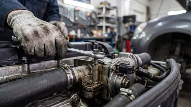 Mechanics Hands Repairing Car Engine in Auto Shop.