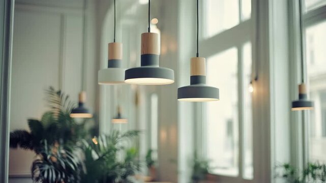 Modern Scandinavian-inspired pendant light fixtures with natural wood accents illuminating interior space with lush green foliage.