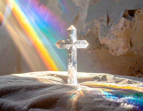 Crystal cross reflecting rainbow light, embodying spiritual hope