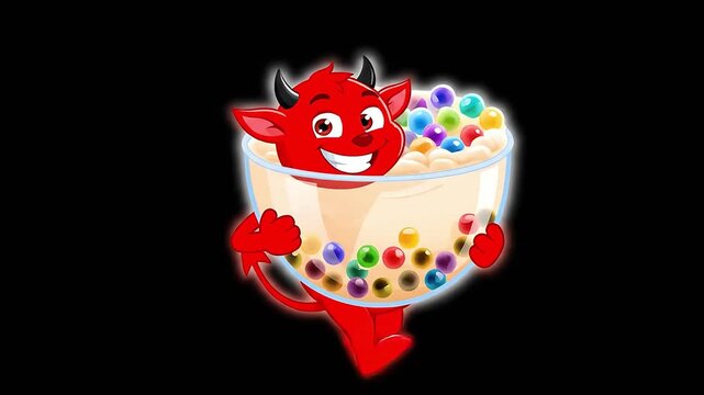 Adorable red cartoon devil character pointing at a tempting classic ice cream sundae dessert with vanilla scoops chocolate sauce and a cherry on a vibrant green background vector