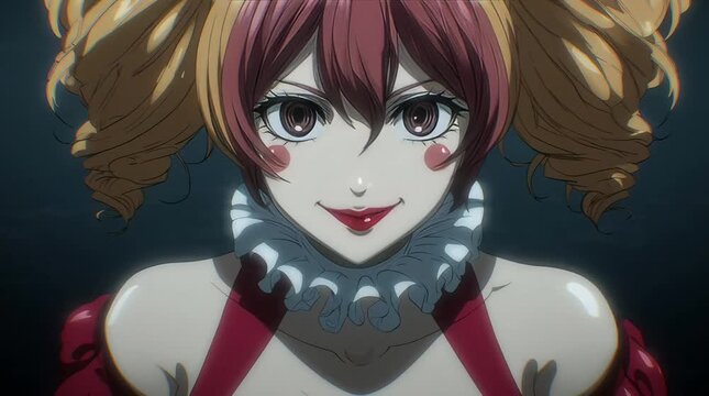 Animation of Big Chest Anime Woman with Halloween Clown Makeup Smiling in Playful Dark Style