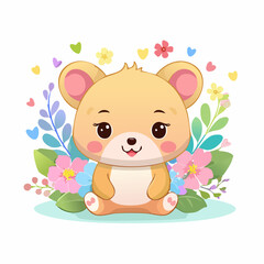 Fototapeta premium cute, chibi, animal, floral, sticker, isolated, flowers, pastel colors, decorative, kawaii, nature theme, adorable, character design, white background, vibrant colors, cartoon animal, spring theme