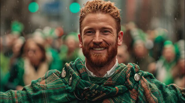 Smiling irish man with red hair wearing green shawl at St. Patrick's Day parade  