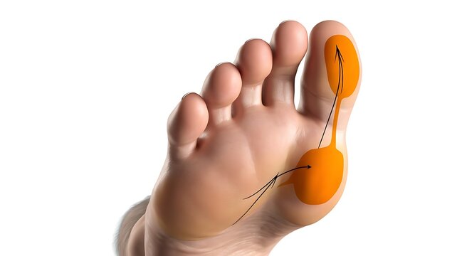 Human foot with highlighted pressure points on the big toe and heel, illustrating pain referral patterns for medical or educational purposes effectively and accurately.