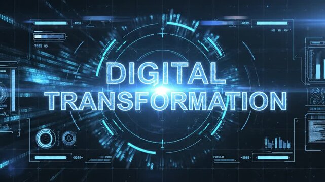 Digital transformation technology innovation data future business strategy progress futuristic interface glowing data circle modern technology background cyber code binary matrix blue abstract