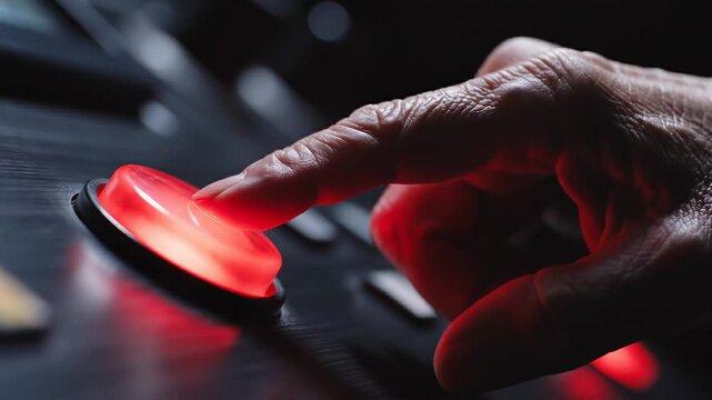 Human finger pressing a red emergency button