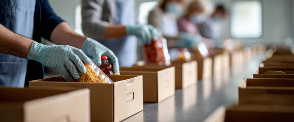 Naklejka premium Volunteers packing food supplies into cardboard boxes on a long table in a community service setting with focus on hands and packaged goods