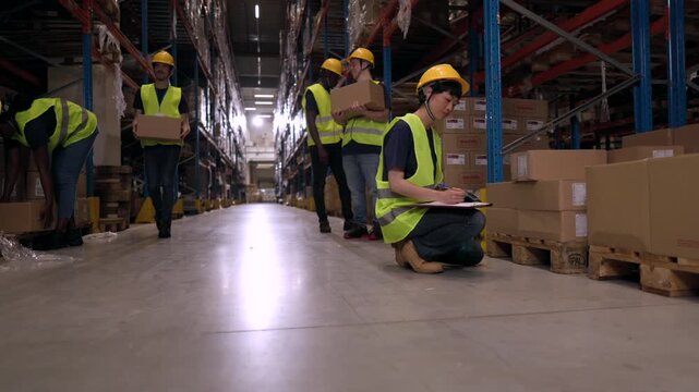 Warehouse workers wearing safety vests and helmets are checking inventory, lifting boxes, and managing logistics in a busy distribution center