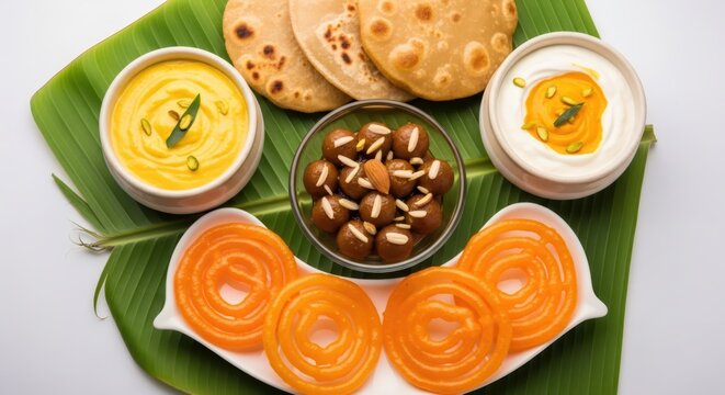 Indian thali platter with traditional sweet dishes like jalebi, gulab jamun, aamras, shrikhand, and puri, for festive celebration.