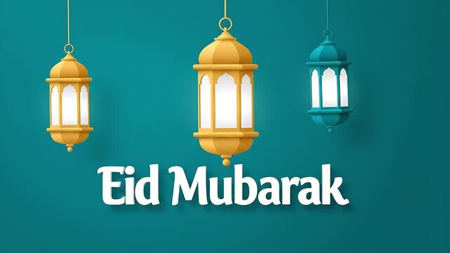 Beautiful 3D render of traditional Islamic lanterns hanging against a deep teal background perfect for Ramadan and Eid Mubarak greeting cards and invitations