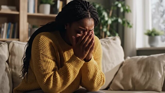 A close-up shot captures a distressed African American woman, overwhelmed with sorrow, burying her face in her hands. She's seated on a neutral-toned sofa in a softly lit domestic interior