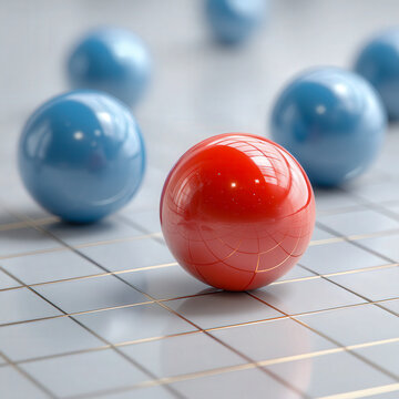 3D data scatter plot with clustered blue spheres and one red outlier on grid