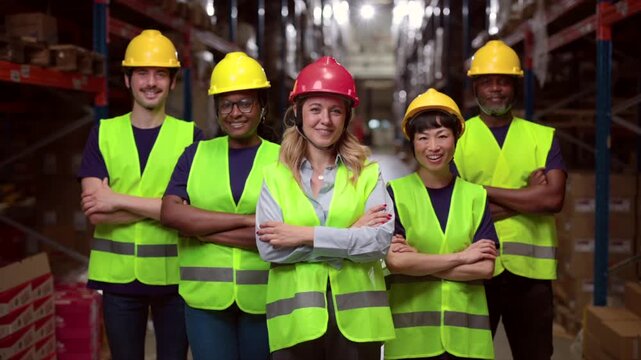 Four warehouse workers, two men and two women, wearing safety vests and helmets, stand together with their arms crossed, smiling confidently at the camera in a modern warehouse or storage facility