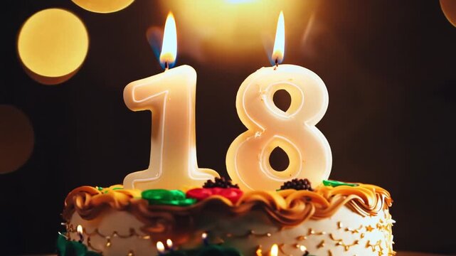 A steady shot captures a festive birthday cake adorned with lit "18" candles, glowing intensely against a blurred background of warm, golden party lights for an 18th birthday celebration.