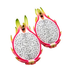 Halved dragon fruit isolated on white background revealing white pulp with black seeds. Elegant macro food styling ideal for healthy nutrition, exotic fruit branding and premium culinary design.