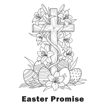 High Demandable Video Title: Easter Church Building with Decorated Eggs and Cross Coloring Page Illustration