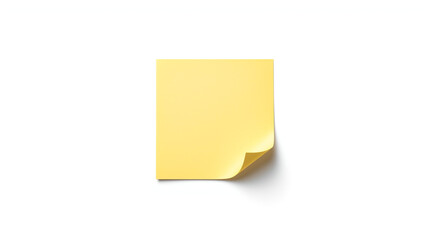 A minimalist studio photograph features a single square yellow sticky note centered on a pure white background. The note has a smooth matte texture and a slight curl on the right edge, casting a soft 