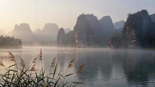 Misty morning at limestone karsts reflected in calm water with reeds foreground