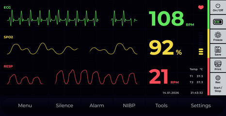 Vector illustration of medical ECG monitor interface displaying ecg, spo2 and respiration indicators for patient vital signs monitoring in modern healthcare system