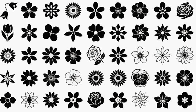 set of black silhouettes of flowers