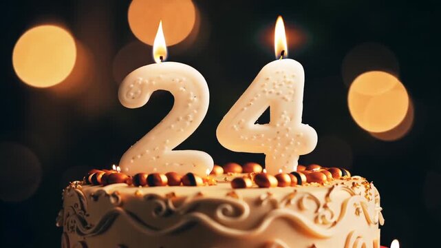 A festive 24th birthday cake is spotlighted in a close-up shot, featuring lit candles against a shimmering background of golden bokeh. The flame flickers gently, symbolizing a celebration milestone.